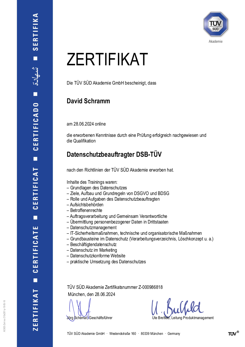 TÜV Süd - Zertifizierter Datenschutzbeauftrager